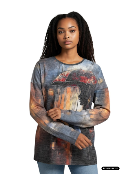 Gio Milano, Pullover Rainy Vibes – Regenschirm-Kunst mit Glitzer-Strass