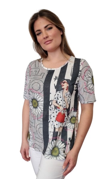 Estefania for woman, T-Shirt in modischen Allover-Print mit Blumen und Schriftzug
