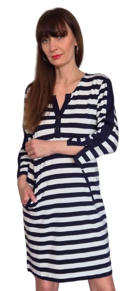 Estefania for woman. Kleid gestreift mit V-Blenden Ausschnitt