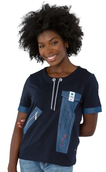 Gio Milano, Shirt mit Denimpatch und U-Bootausschnitt