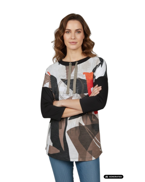 Estefania for woman, Pullover mit Kunst-Print, Strass und Kordel