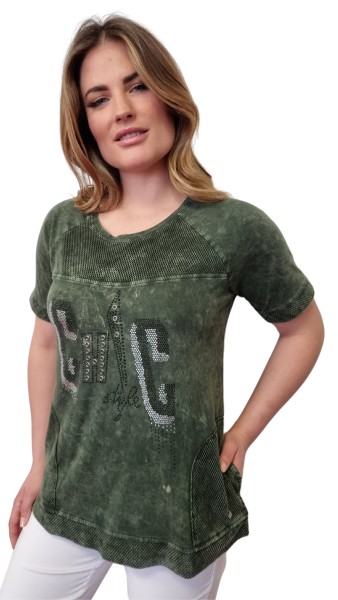 Gio Milano, T-Shirt im Wash-Out-Effect mit Strassbesatz