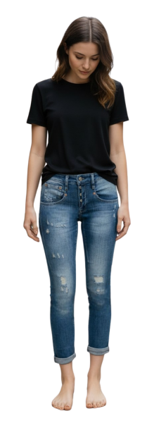 Herrlicher, Shyra Cropped Stretch Jeans mit halb verdeckter Knopfleiste, destroy