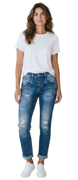 Herrlicher, Shyra Cropped Stretch Jeans mit halb verdeckter Knopfleiste, destroy