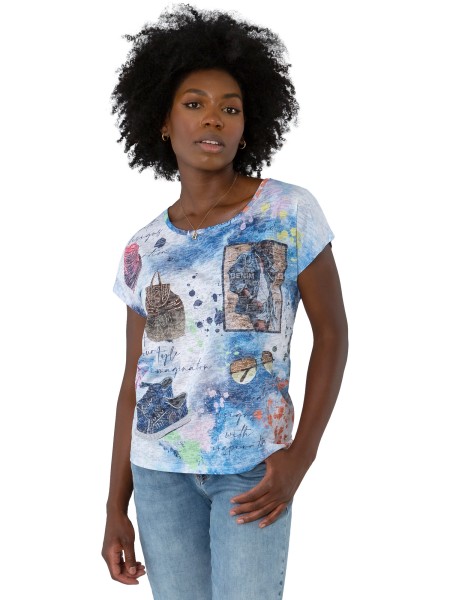 Gio Milano, Damenshirt mit Urlaubs-Print & Strassapplikation – Sommerliches Printshirt