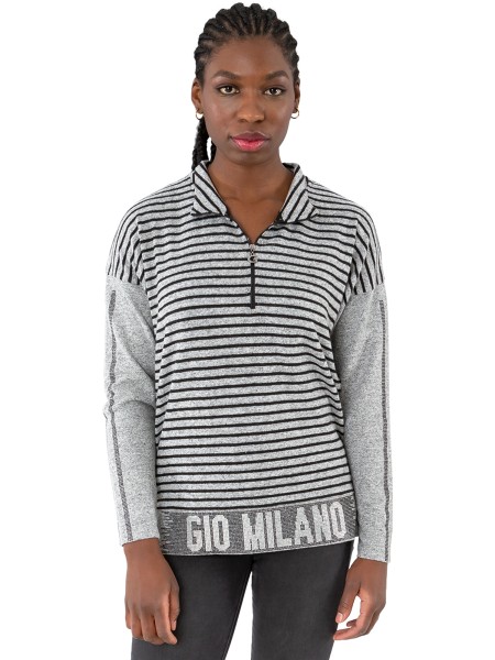 Gio Milano, Pullover gestreift mit Stehkragen und Zip