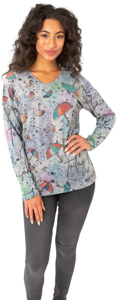 Gio Milano, Langarmshirt mit kleinen Regenschirmen und Strassbesatz
