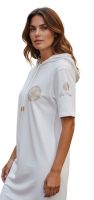 Gio Milano, Maxikleid Offwhite mit Print, Strass & Kapuze