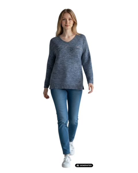 Gio Milano, Pullover meliert mit Strass-Schriftzug & V-Ausschnitt
