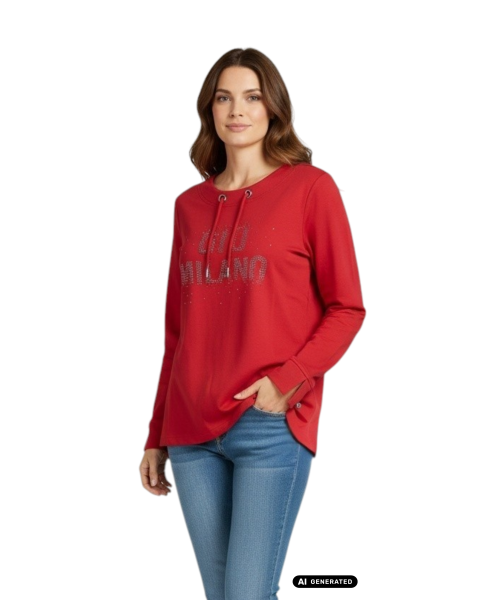 Gio Milano, Shirt: Funkelnder Strass-Schriftzug & Kordel-Look